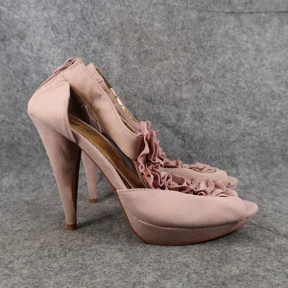 Qupid Shoes Womens 7 High Heel Platform Pumps Peep Toe Ruffle T Strap Back Zip - Picture 1 of 14